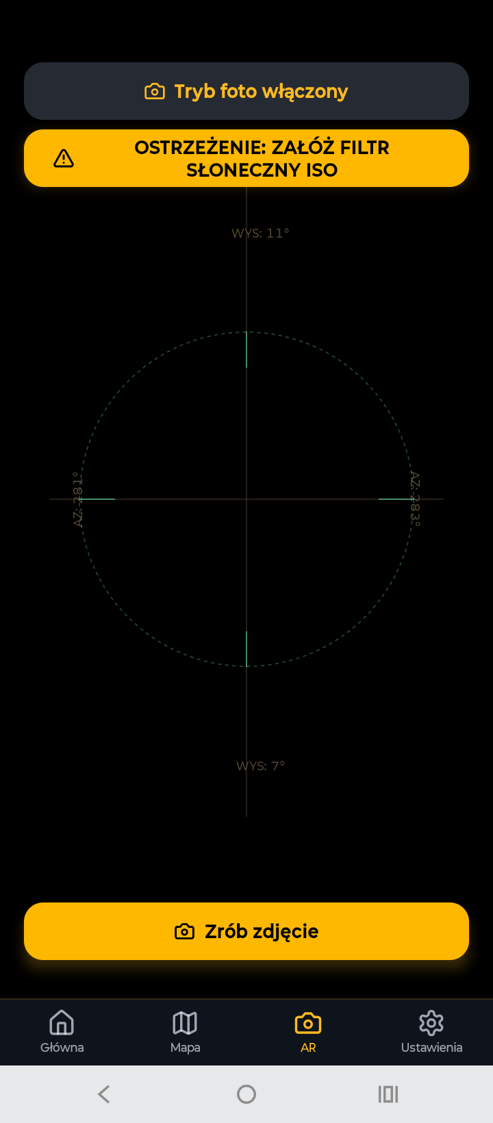 AR sun-finder with ISO solar filter warning